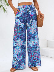 Geometric wide leg pants with pockets, opaque.