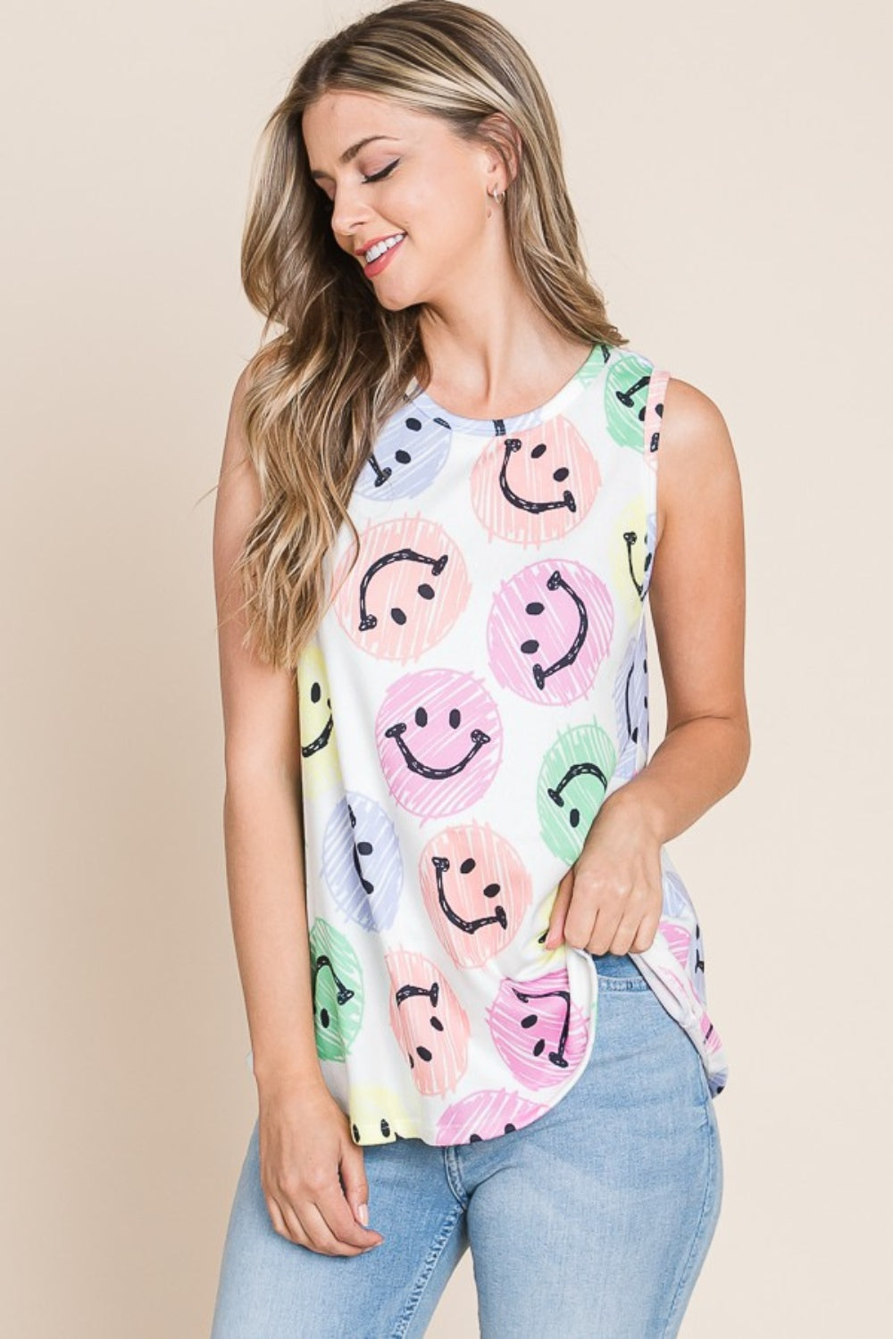 Smiley face round neck tank, opaque and slightly stretchy.