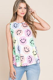 Smiley face round neck tank, opaque and slightly stretchy.