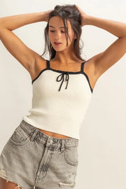 Square neck ribbed knit cami, moderately stretchy.