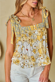 Tied printed square neck tank, opaque.