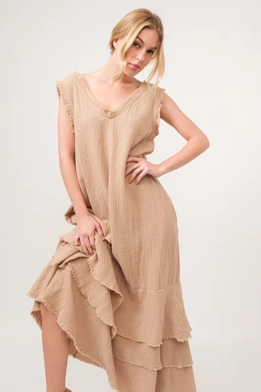 And The Why Washed Cotton Gauze Fringe Detail Tiered Dress.