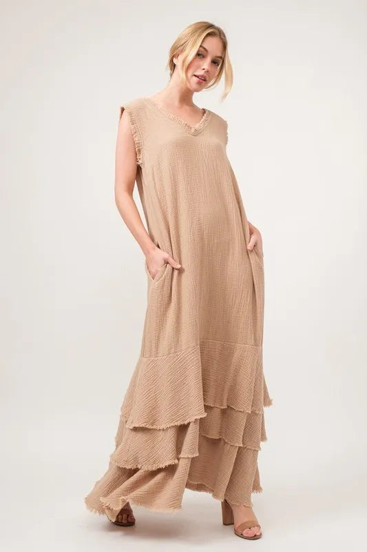 And The Why Washed Cotton Gauze Fringe Detail Tiered Dress.
