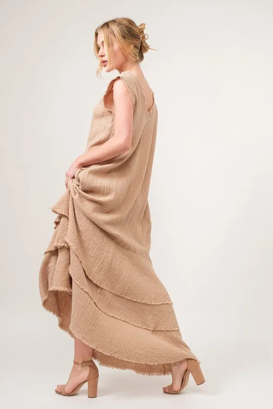 And The Why Washed Cotton Gauze Fringe Detail Tiered Dress.