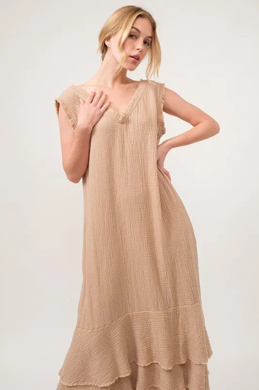 And The Why Washed Cotton Gauze Fringe Detail Tiered Dress.