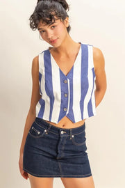 Woven striped V-neck button down vest.