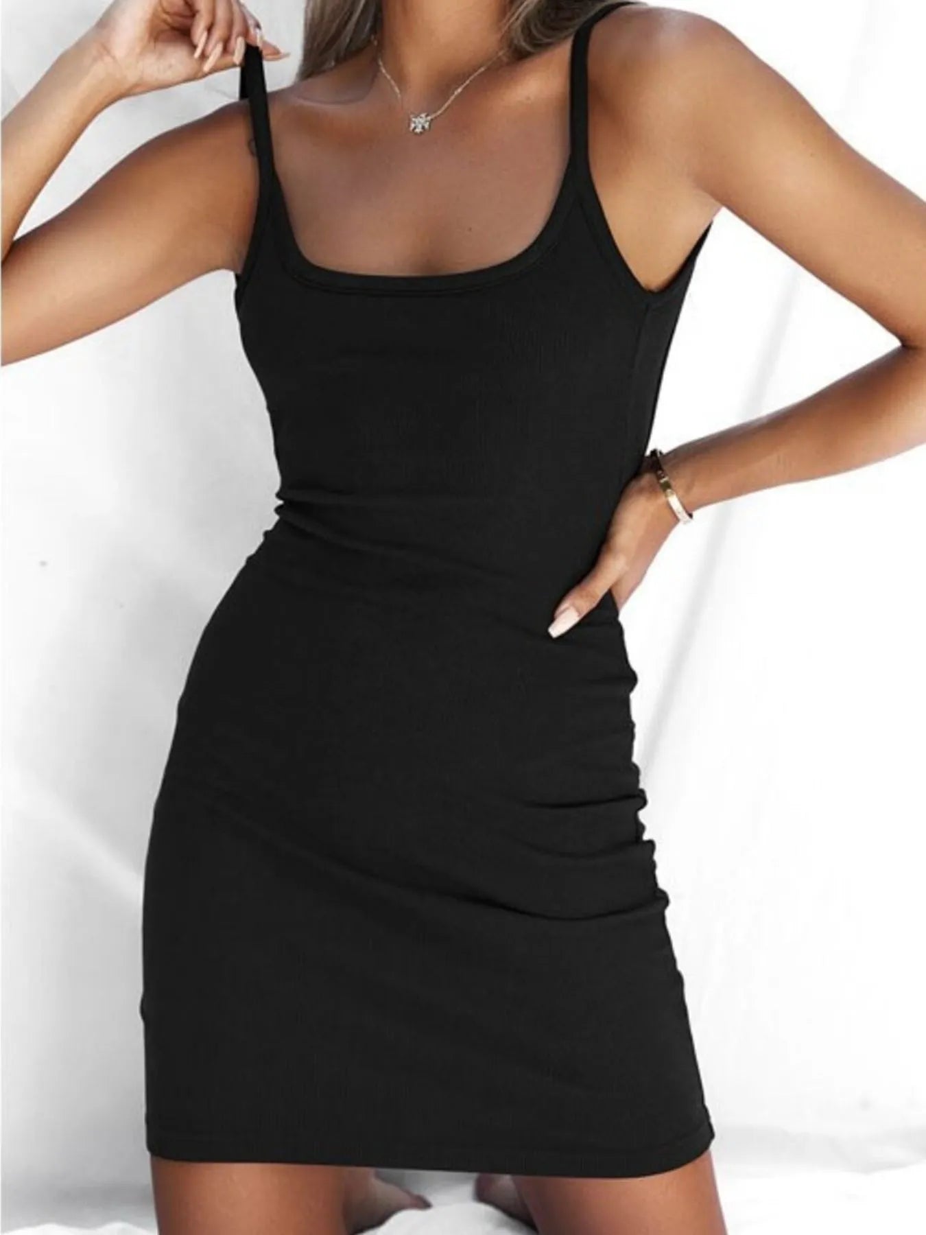Backless Scoop Neck Bodycon Cami Dress - Stretchy.