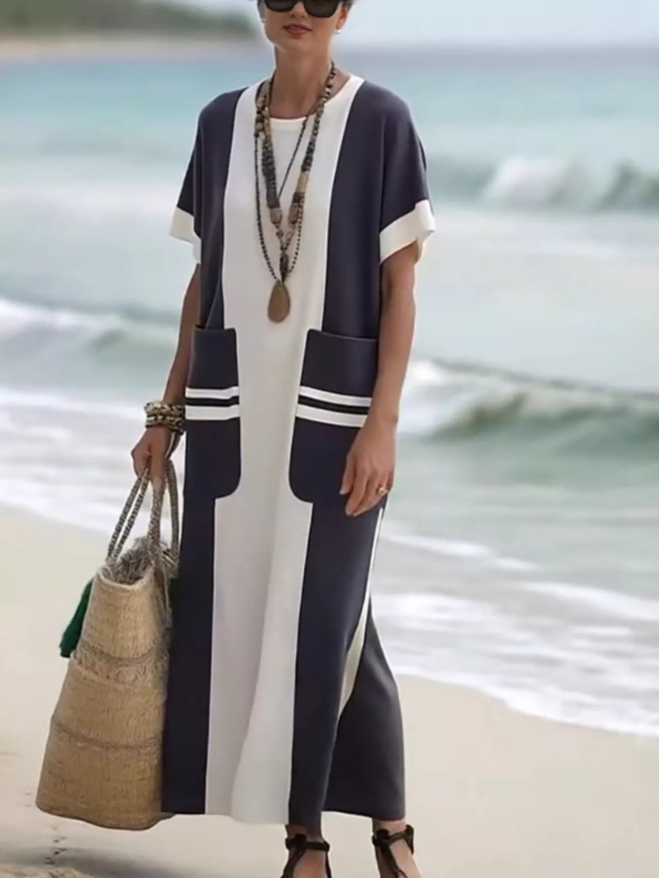 Plus Size Color Block Short Sleeve Dress with Pockets.