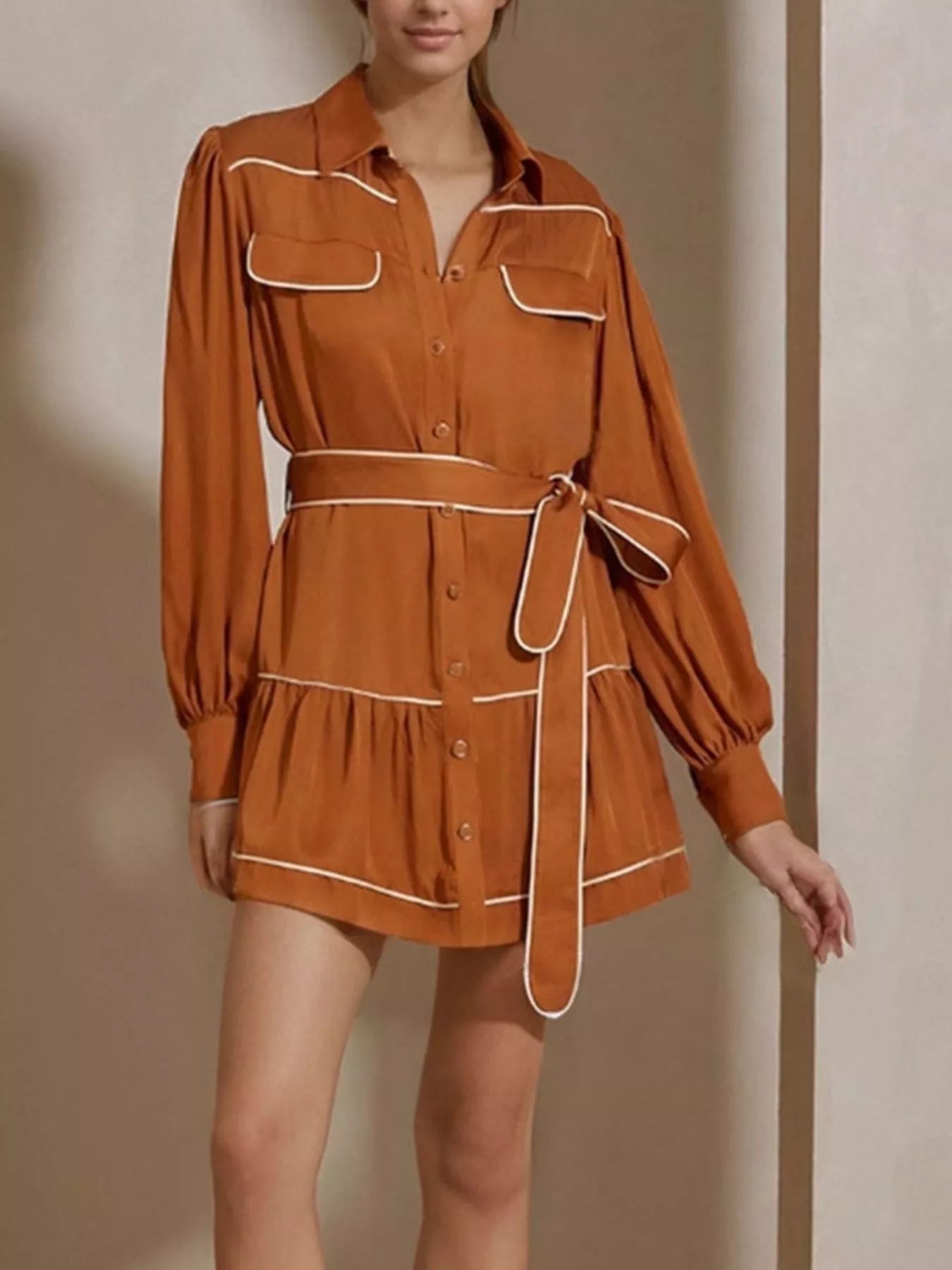 Button Front Long Sleeve Shirt Dress - Tiered & Belted.