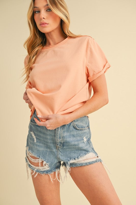 Exposed Seam Round Neck Short Sleeve T-Shirt