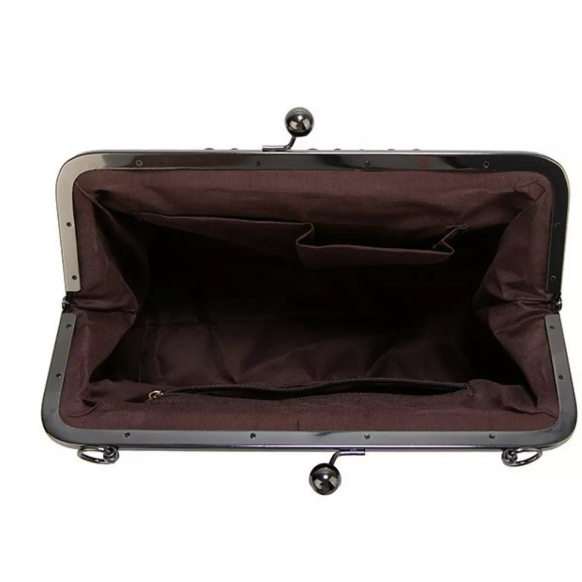 Vintage medium PU leather handbag shown open, featuring a structured rectangular frame, dark lining, interior pocket, and classic kiss-lock closure.