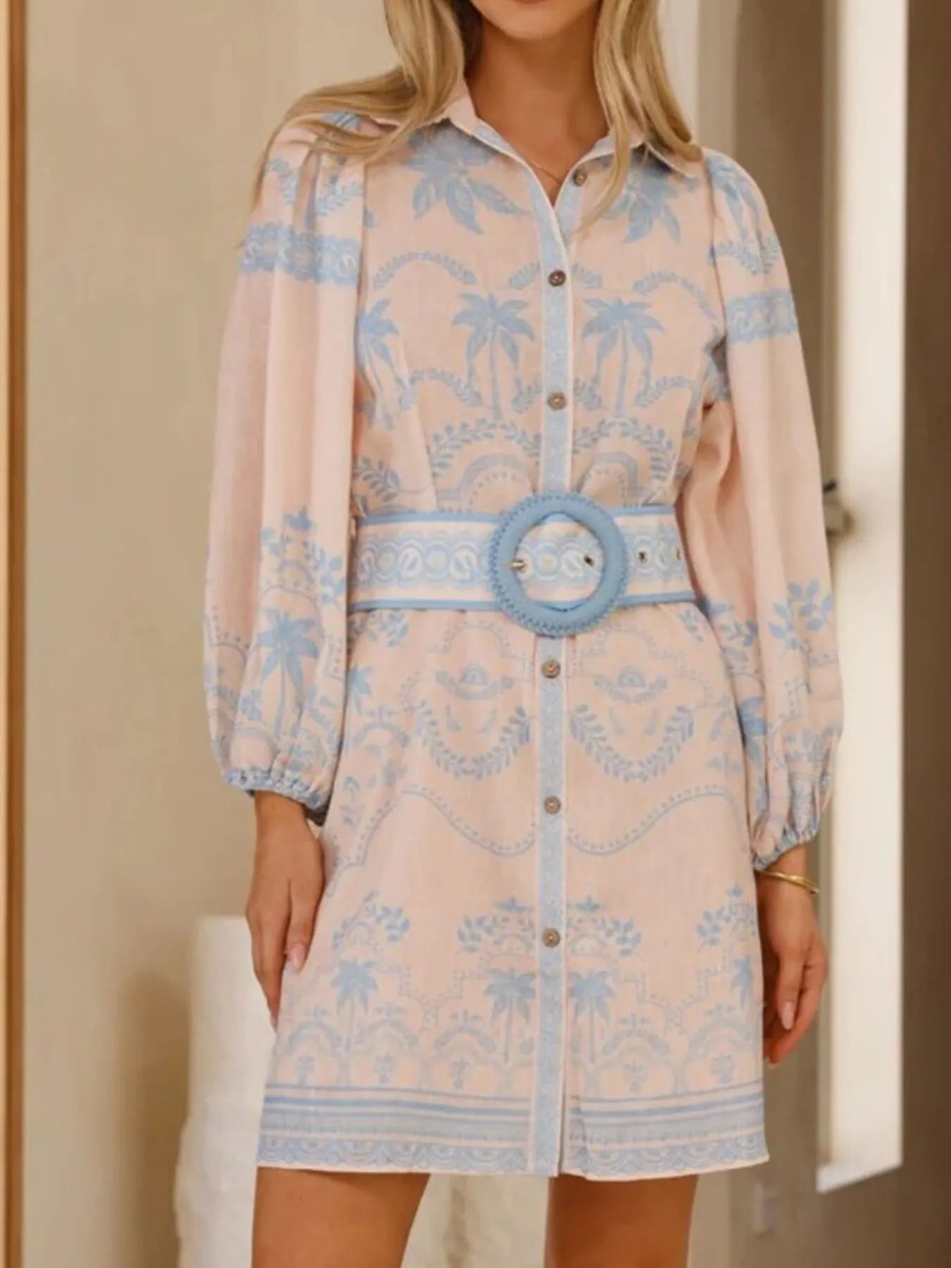 Printed Button Up Maxi Shirt Dress with Belt and Pockets.