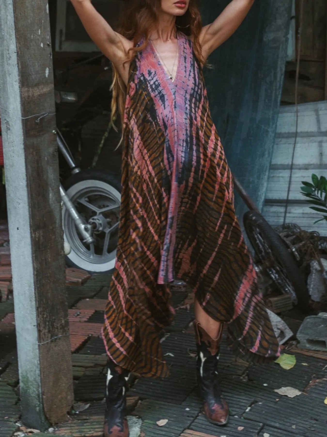 Asymmetrical Hem Printed Halter Neck Dress - Backless.