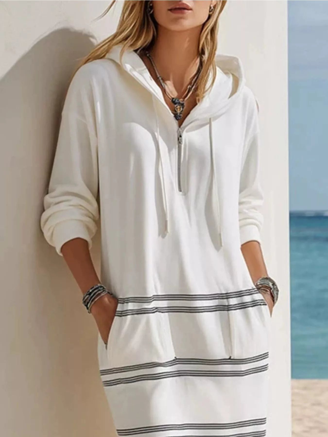 Striped hooded maxi dress with drawstring, pockets, zipper, and long sleeves in multiple colors