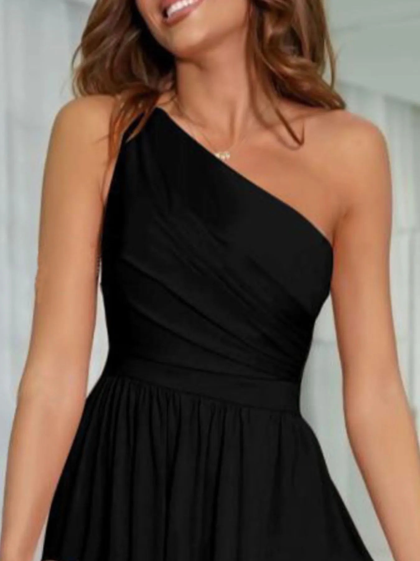 One-Shoulder Satin Wrap Dress with Side Slit - Asymmetrical.