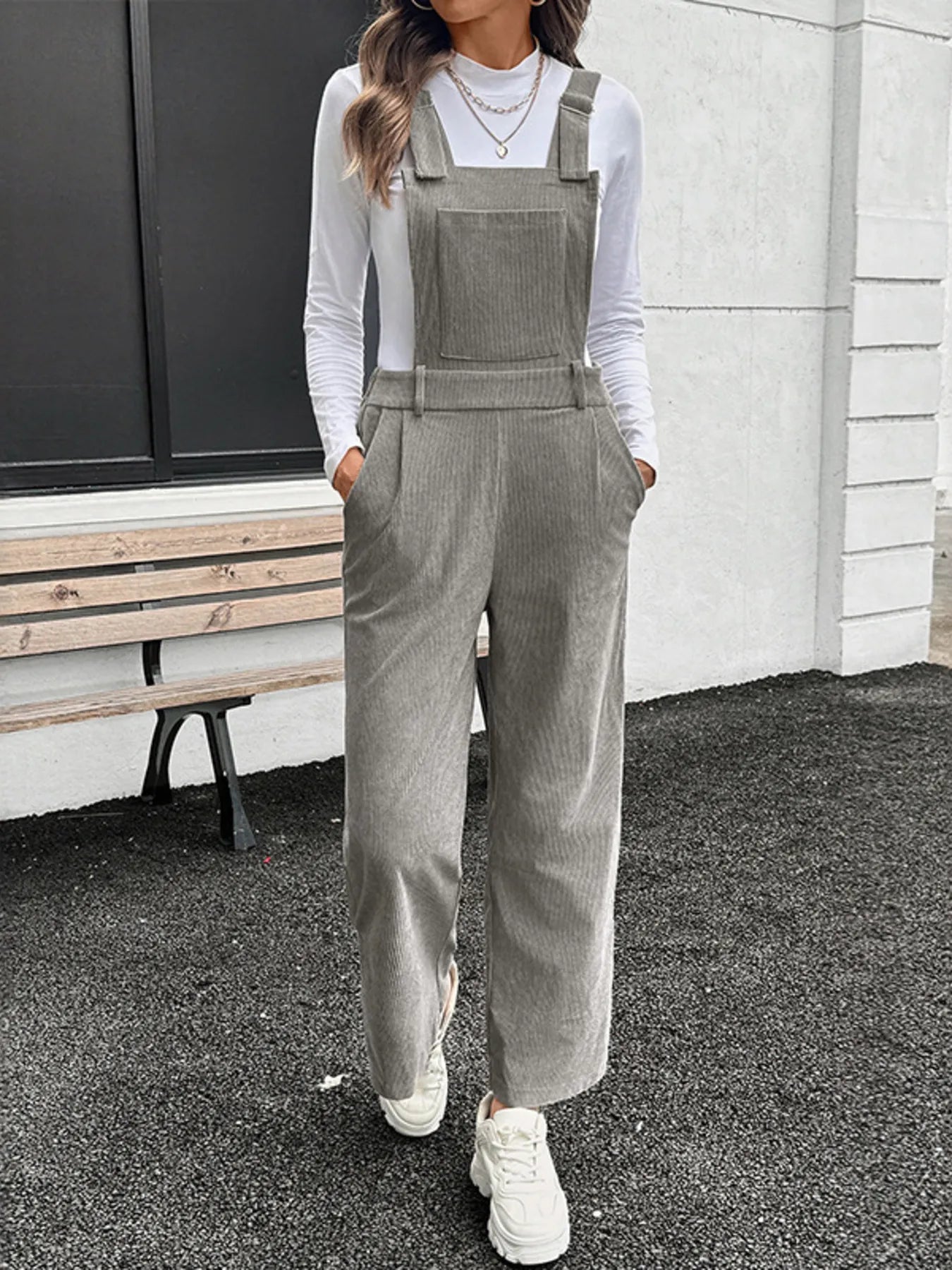 Slit Wide Leg Overalls with Pockets.