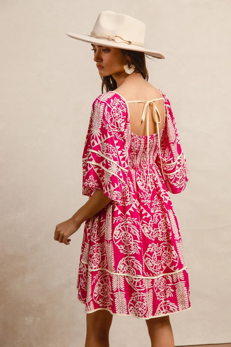 Aztec Woven Printed Contrast Binding Dress - Smocked & Tied.