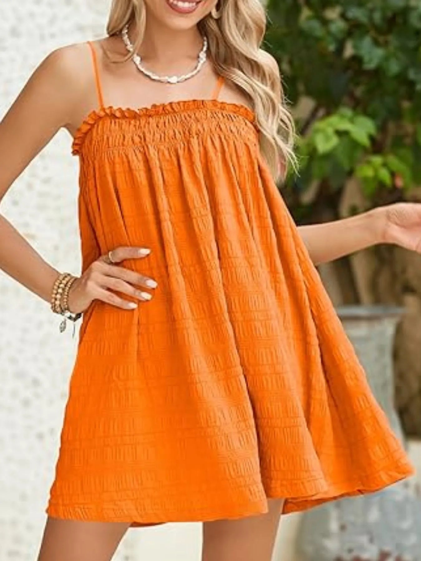 Frill Tiered Tie Shoulder Mini Dress - Lined.