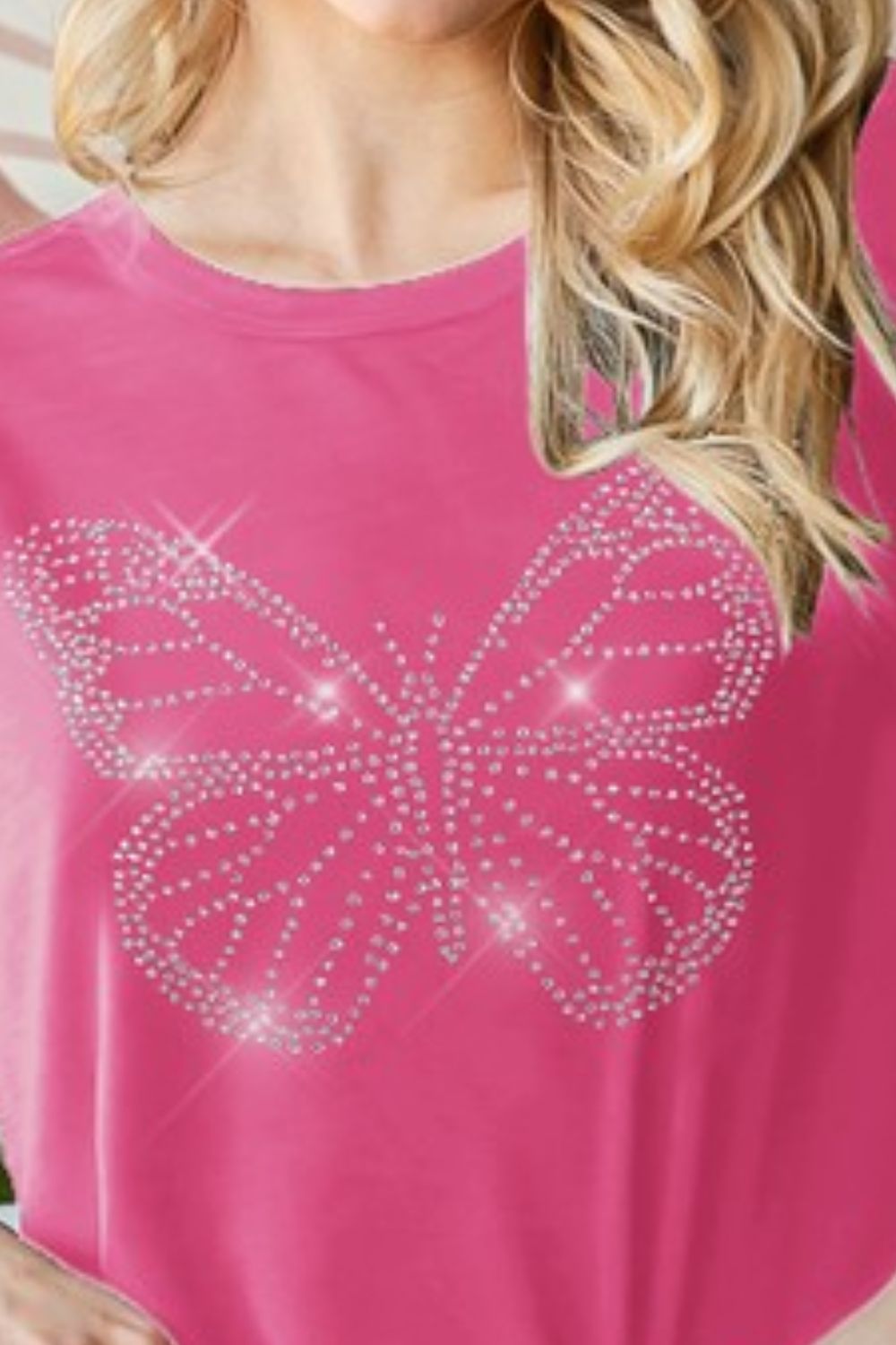 Rhinestone Butterfly Round Neck Short Sleeve T-Shirt Plus Size