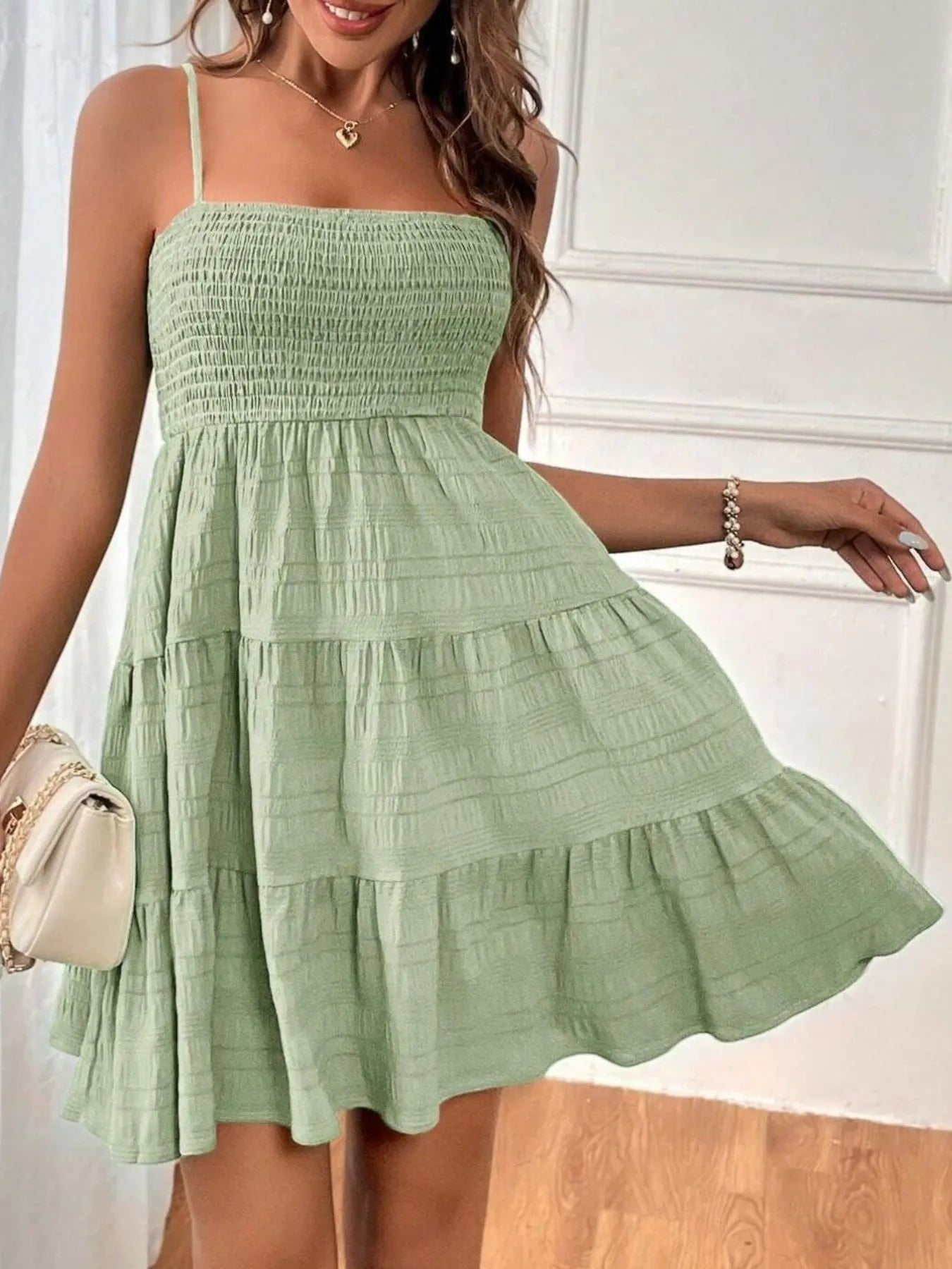 Smocked V-Neck Balloon Sleeve Dress - Decorative Button.