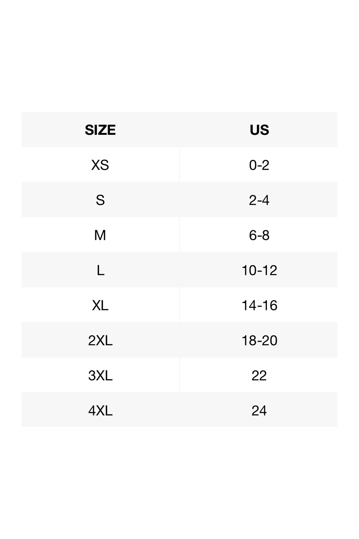 A US size chart lists Stitch Active Shorts sizes XS through 4XL with corresponding numeric size ranges from 0–2 to 24.