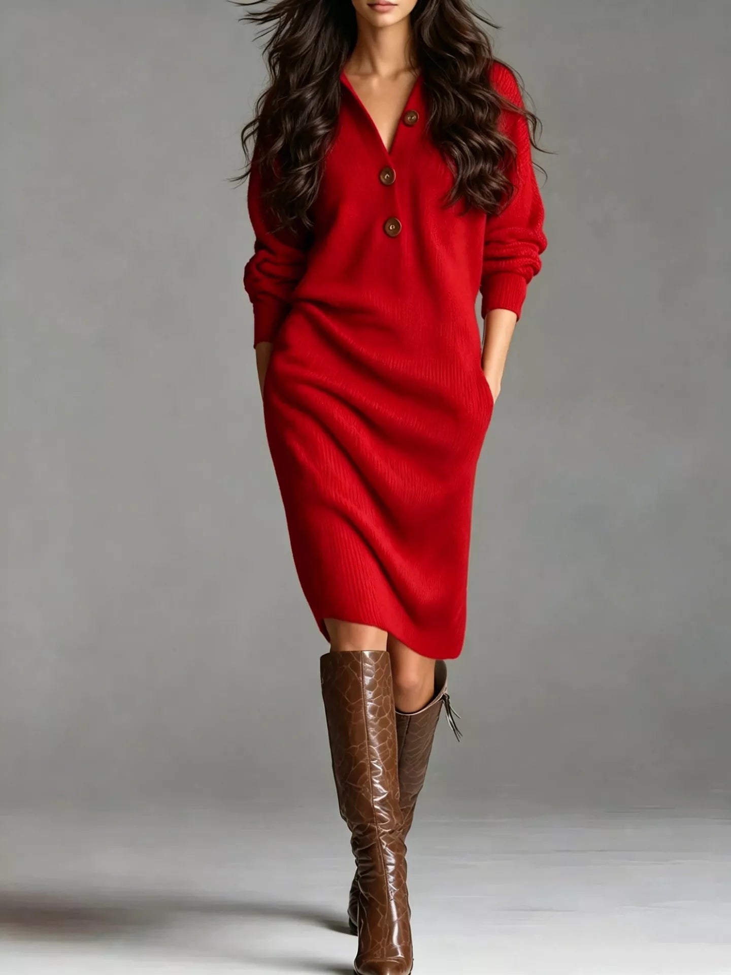 Long-sleeve ribbed knit midi dress with V-neck, half-button front, and side pockets