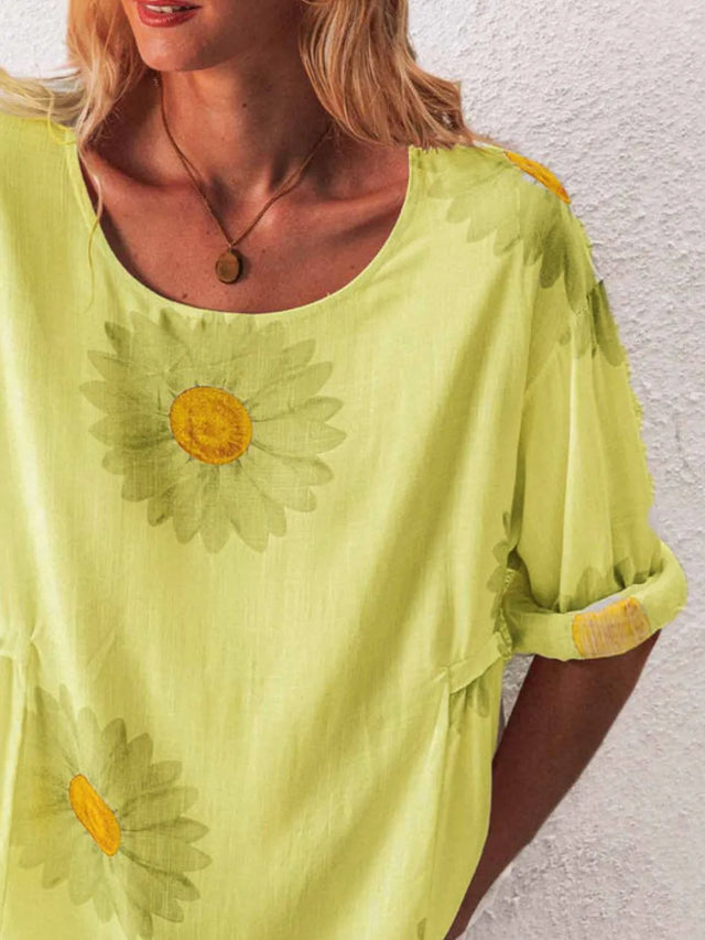 Flower Round Neck Half Sleeve T-Shirt Plus Size