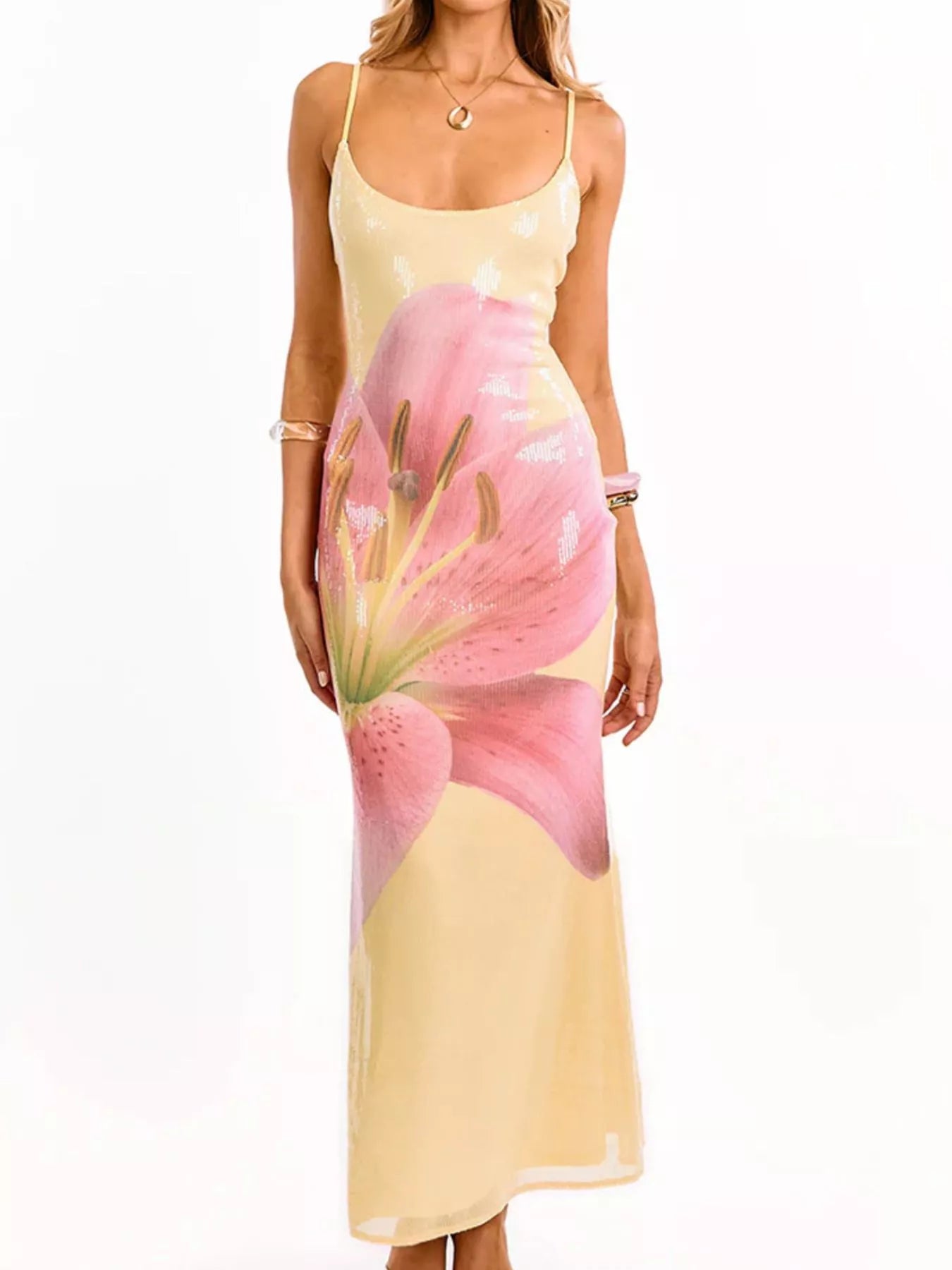 Flower Split Halter Neck Maxi Dress - Lace-Up.