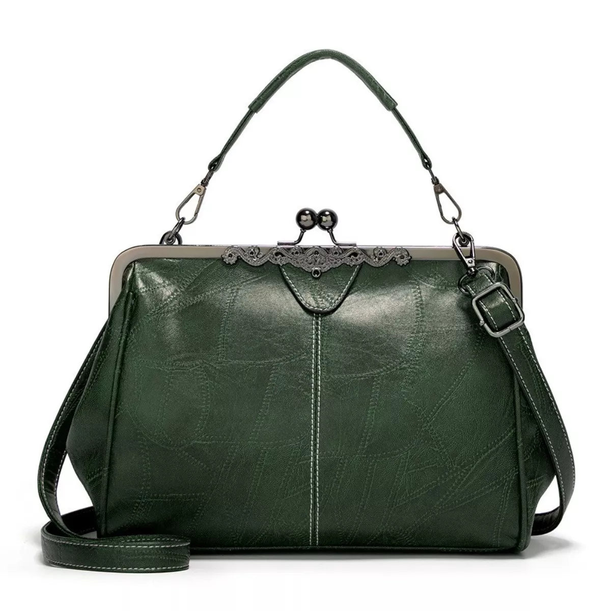 Vintage dark green PU leather handbag with a structured silhouette, kiss-lock frame, short top handle, adjustable shoulder strap, and decorative metal trim.