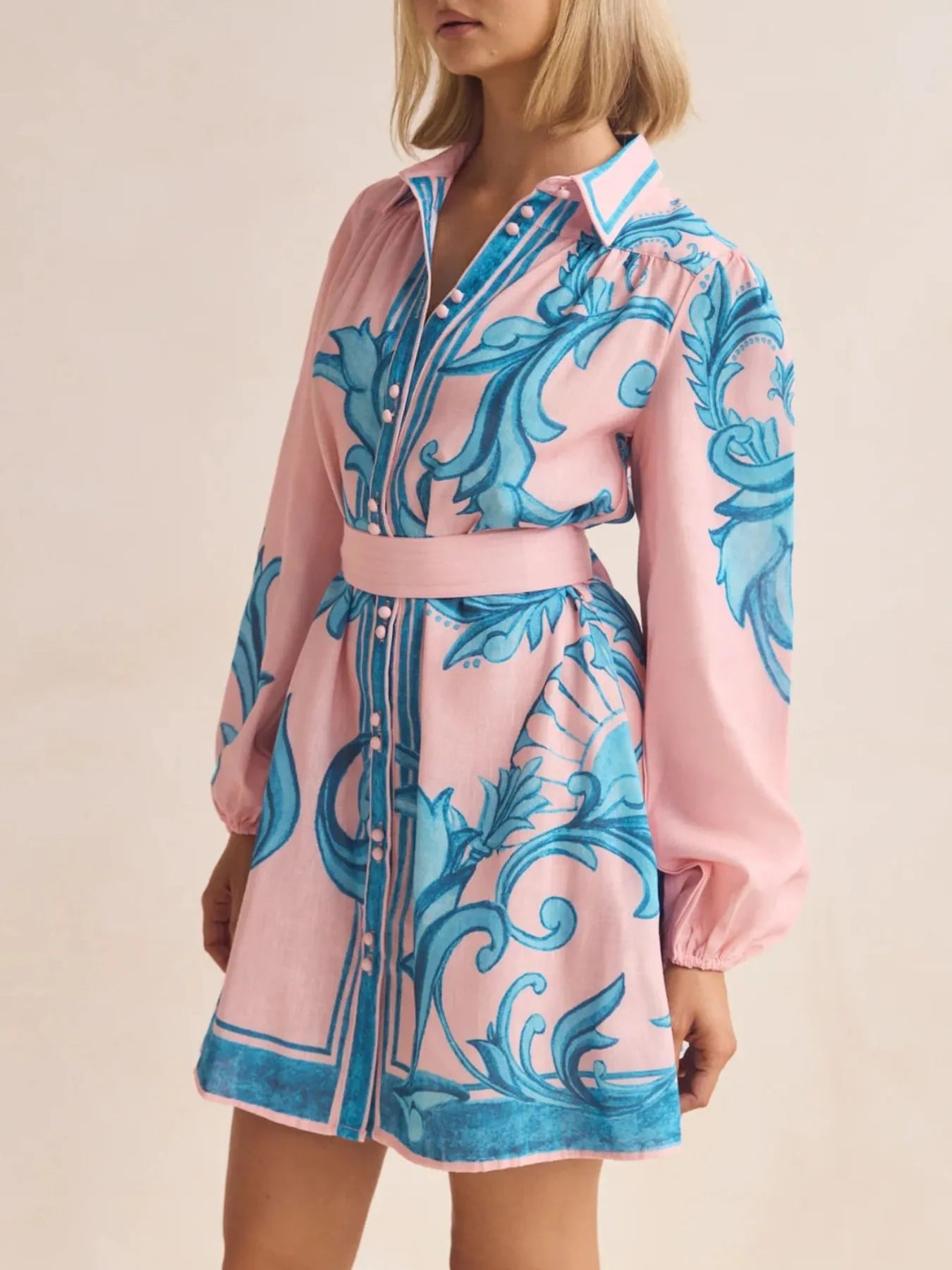 Printed Long Sleeve Shirt Dress with Tied Detail.