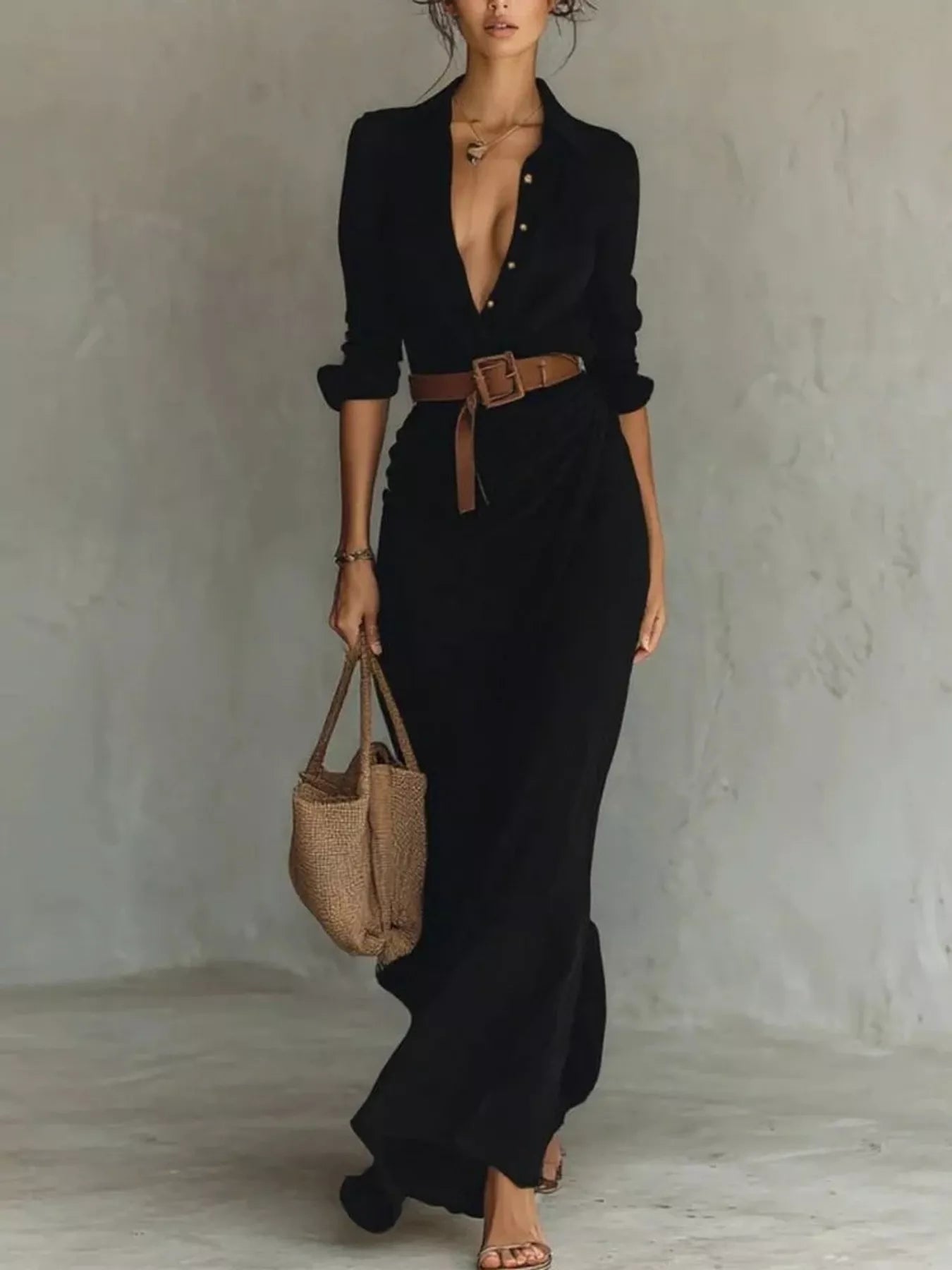 Plus-size khaki, black, white and navy V-neck ruched maxi dress with long sleeves and belt