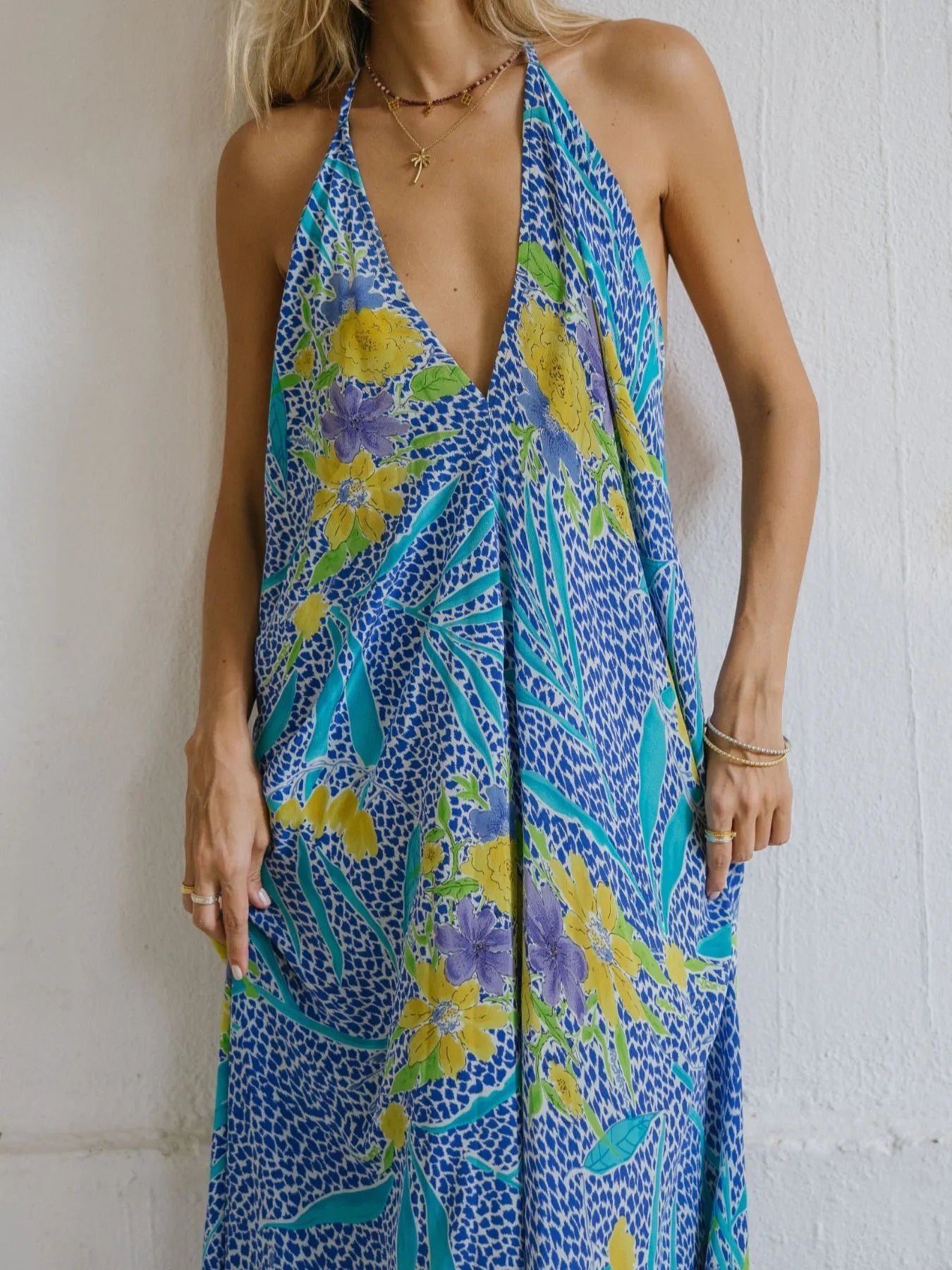 Asymmetrical Hem Printed Halter Neck Dress - Backless.