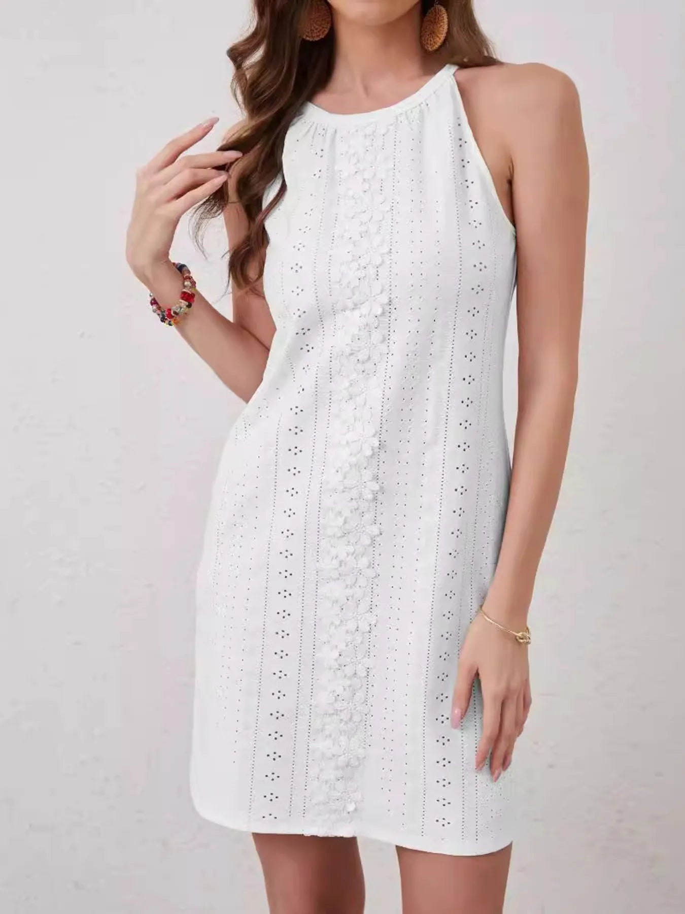 Eyelet Flower Sleeveless Mini Dress.