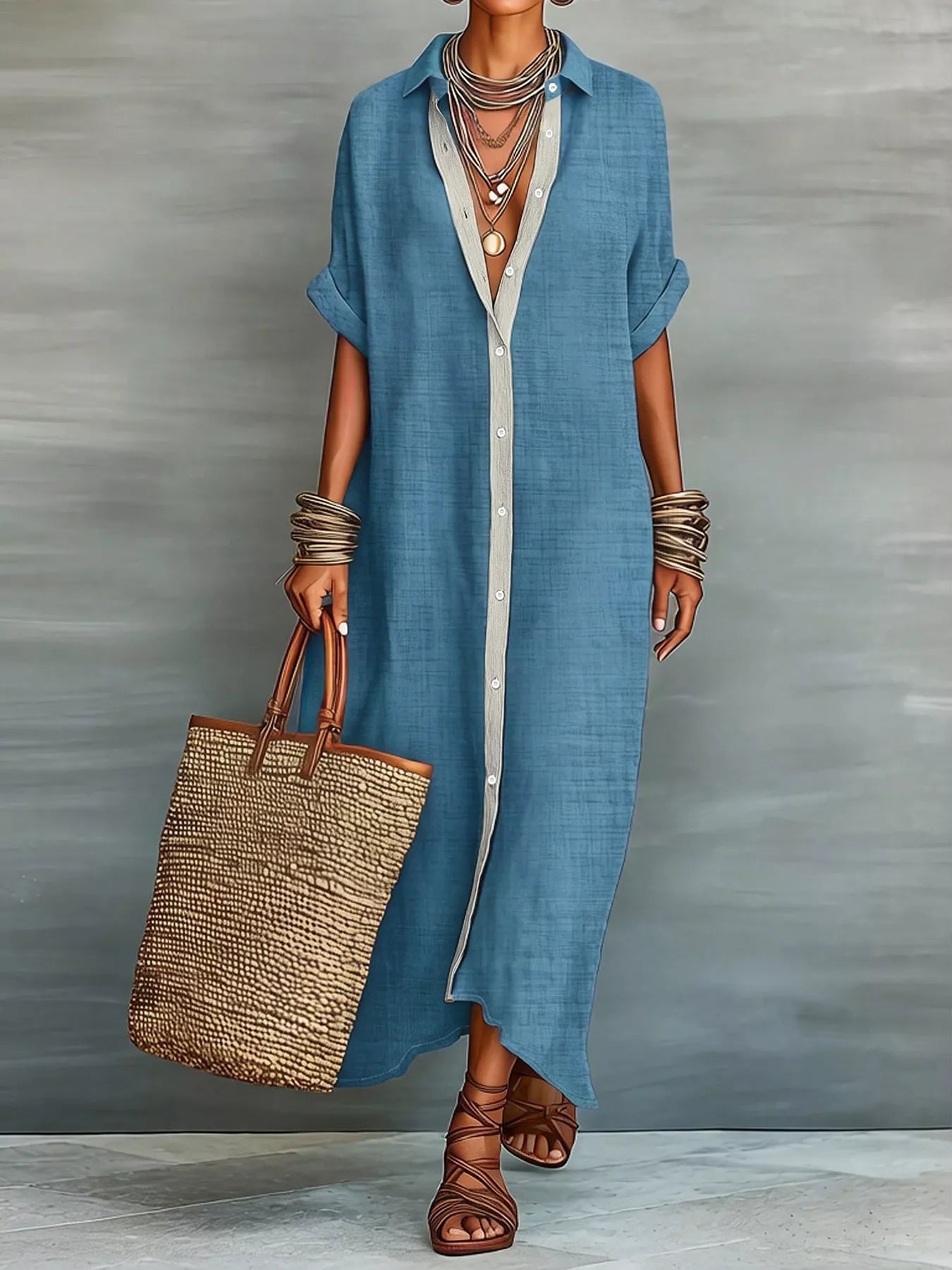 Beige maxi shirt dress with collared neckline, button-down front, short sleeves, and relaxed fit