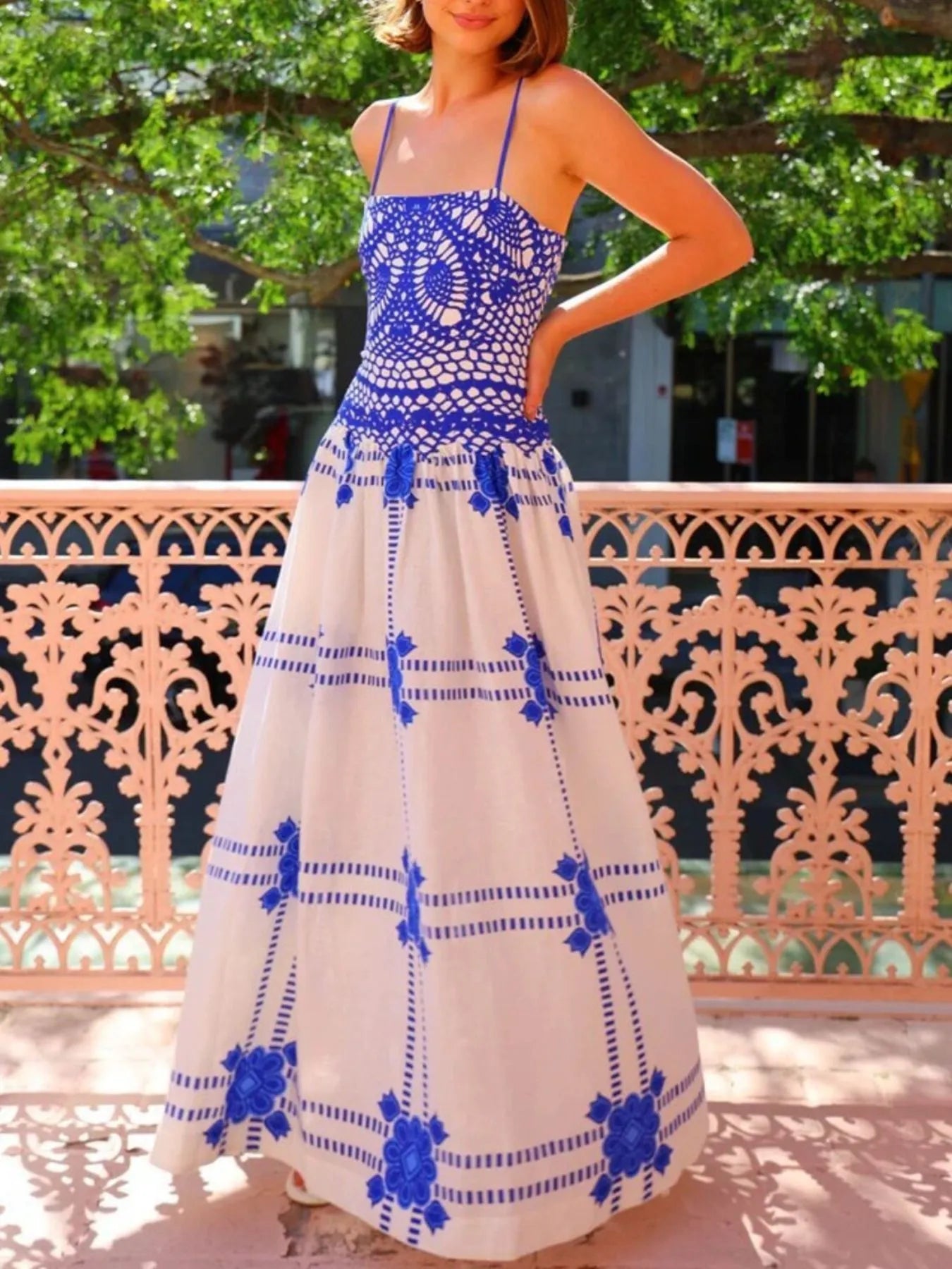 Printed Square Neck Maxi Cami Dress with Pocket and Tie.