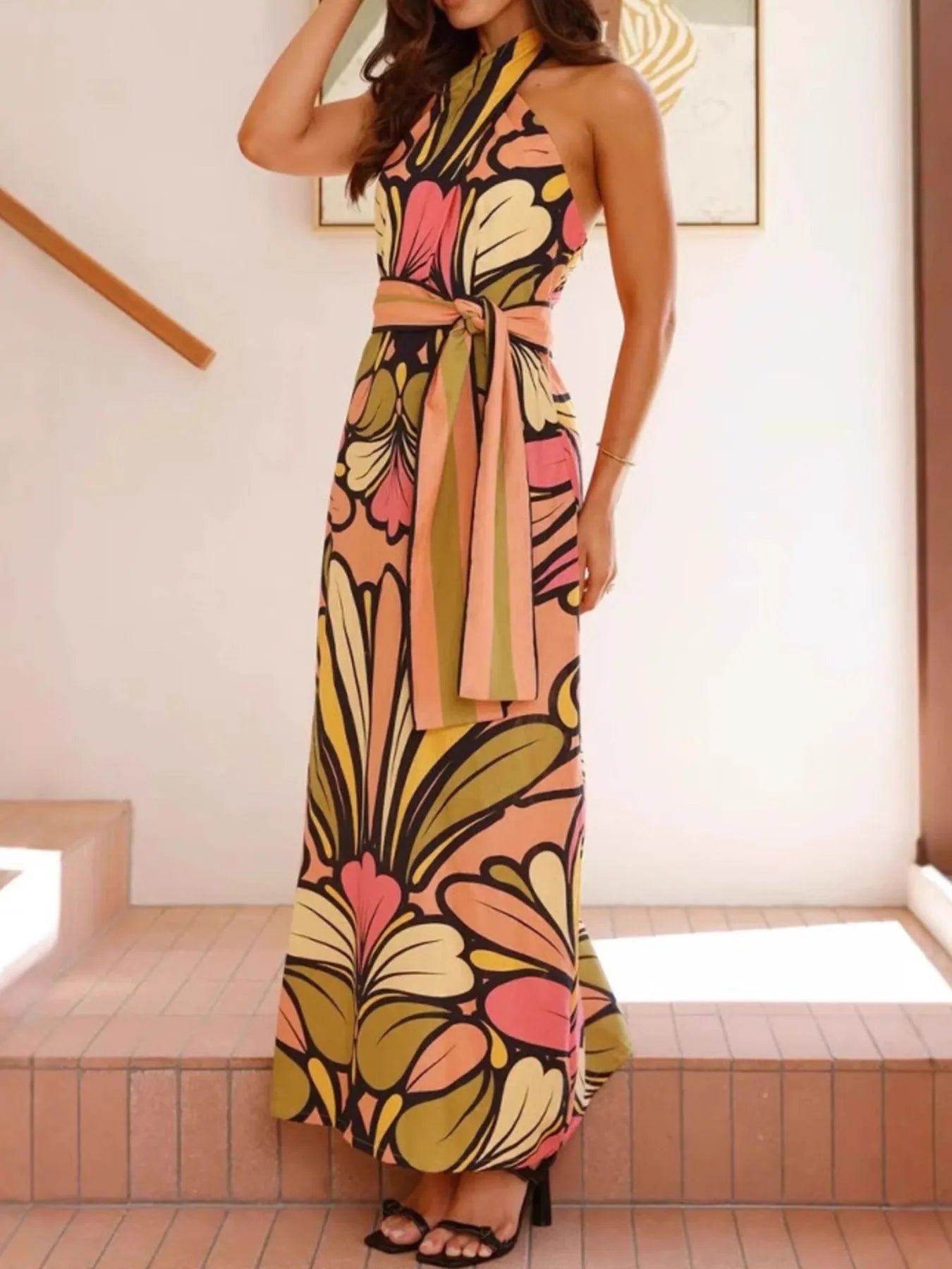 Printed Halter Neck Midi Dress with Ruffles.