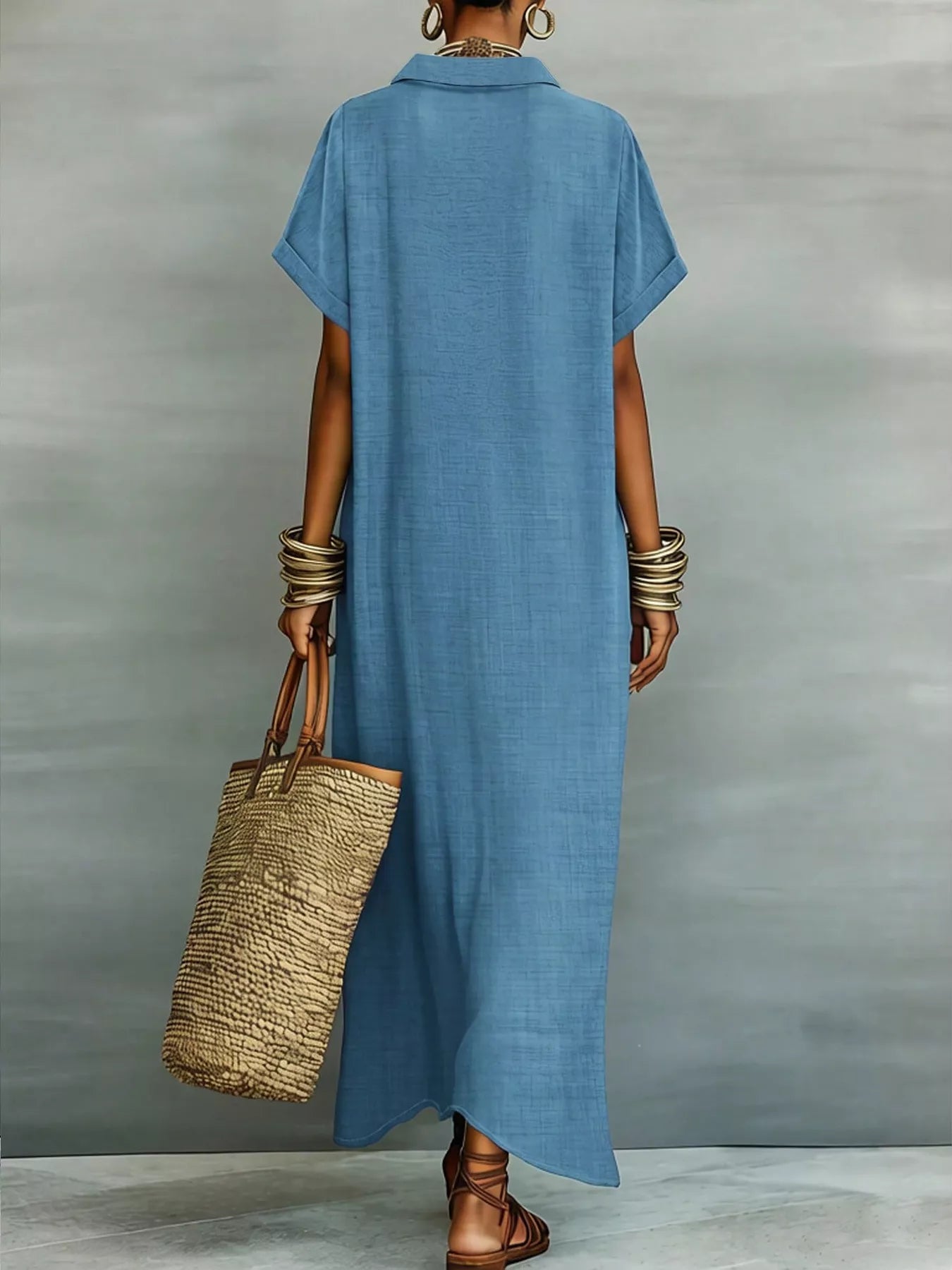 Beige maxi shirt dress with collared neckline, button-down front, short sleeves, and relaxed fit
