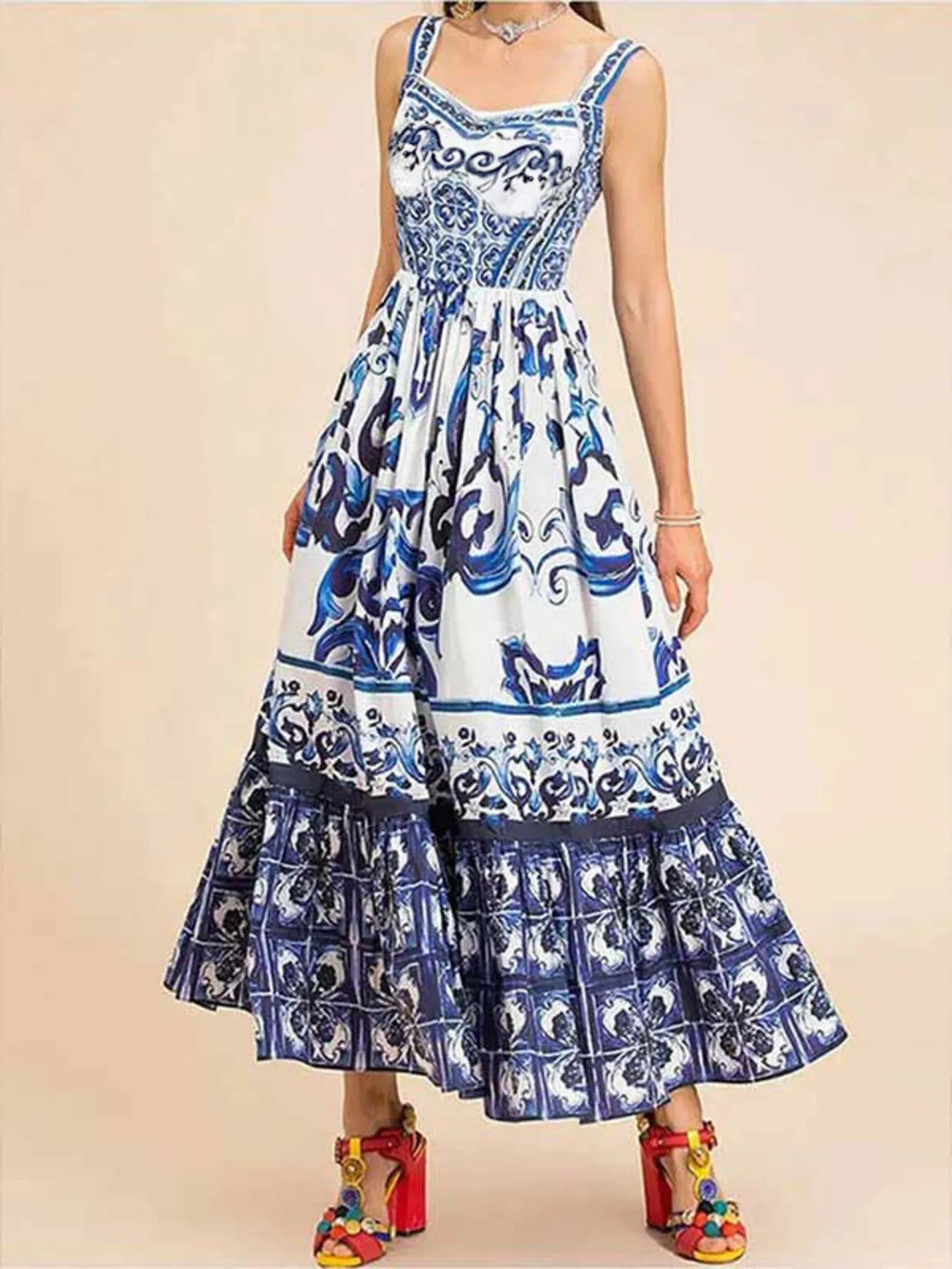 Printed Tie Neck Balloon Sleeve Dress.
