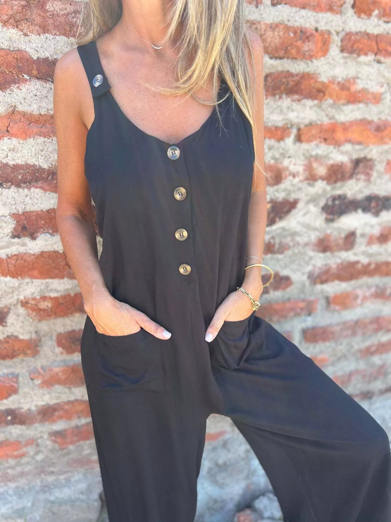 Plus Size Button-Front Wide Leg Jumpsuit with Pockets.