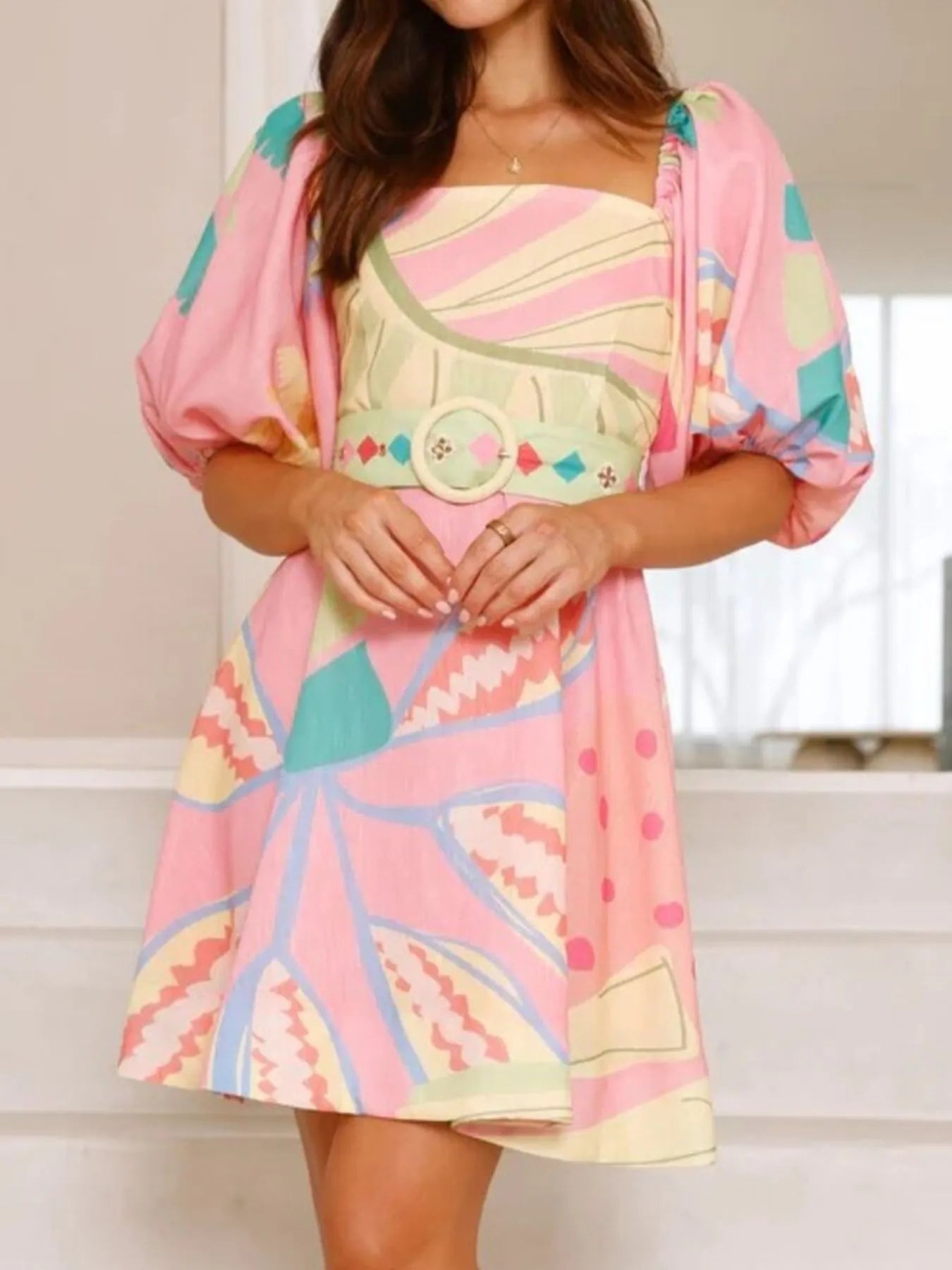 Colorful Print Belted Mini Dress with Puff Sleeves.