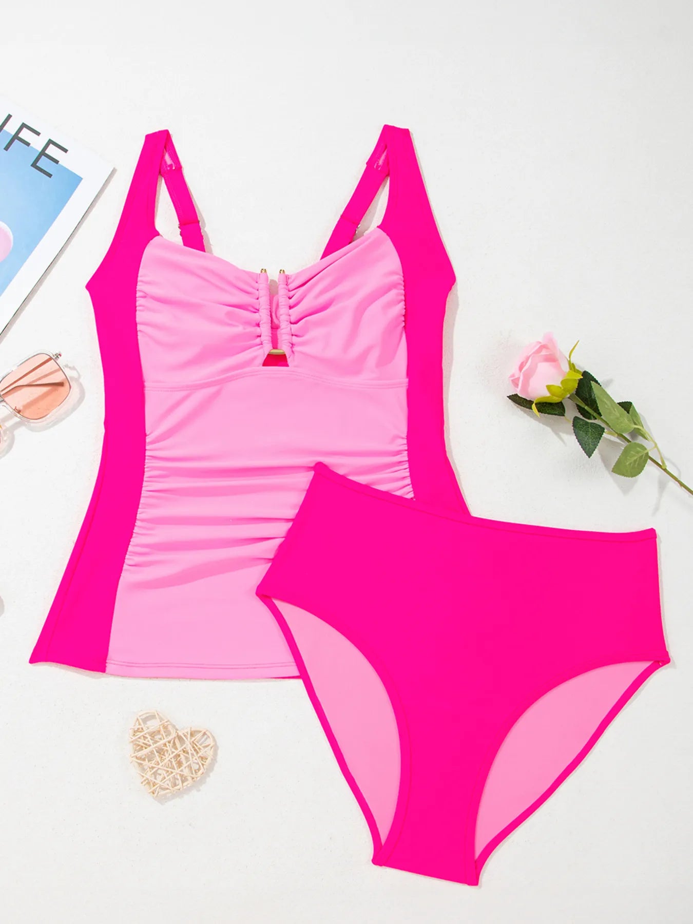 Ruched Tummy Control Tankini 2pcs Swimsuit with Underwire.