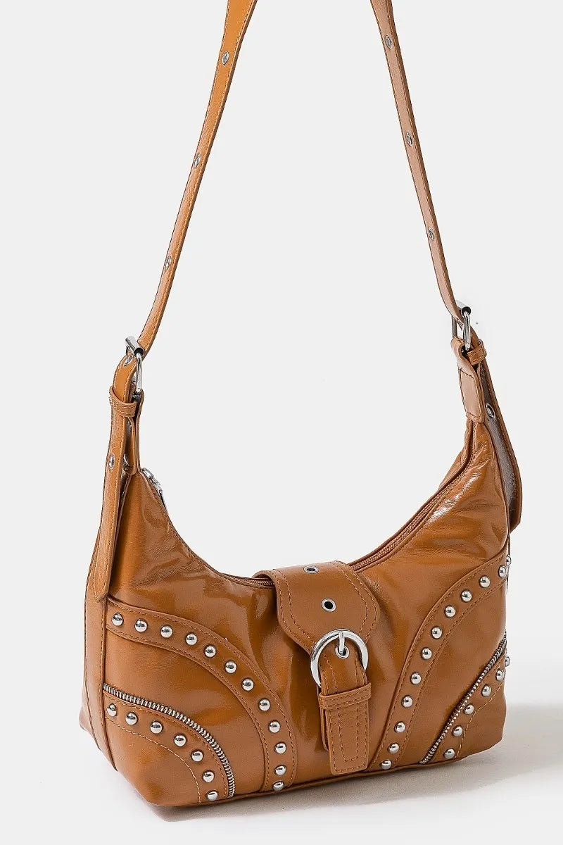 Faux Leather Studded Trim Shoulder Bag - Brown Western Style.