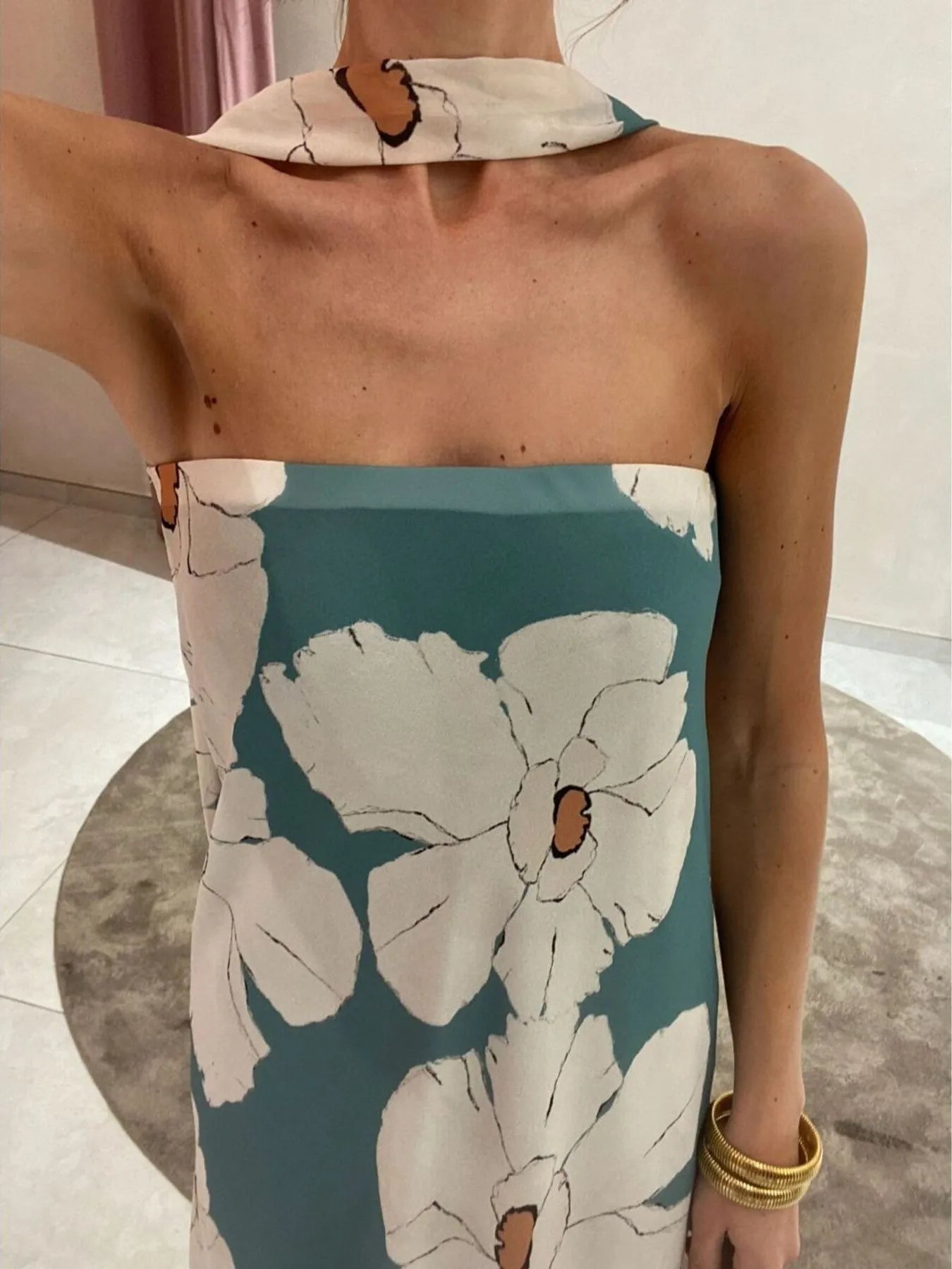 Printed V-Neck Cami Dress - Backless & Cutout.