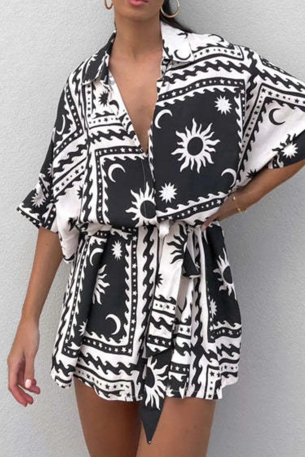 Printed Tie Waist Romper with Buttons.