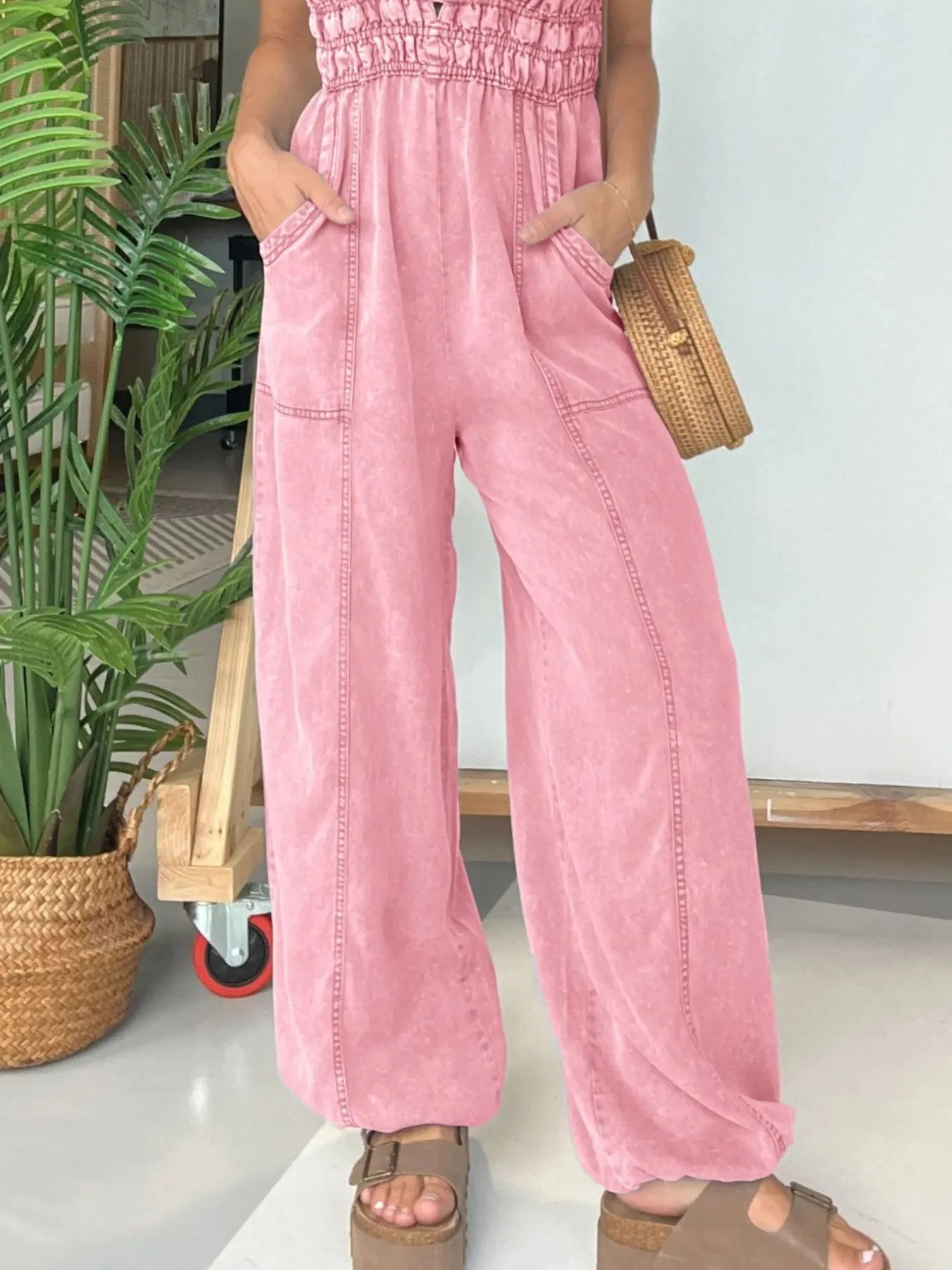 Plus Size Wide Leg Spaghetti Strap Jumpsuit with Pockets and Smocked.