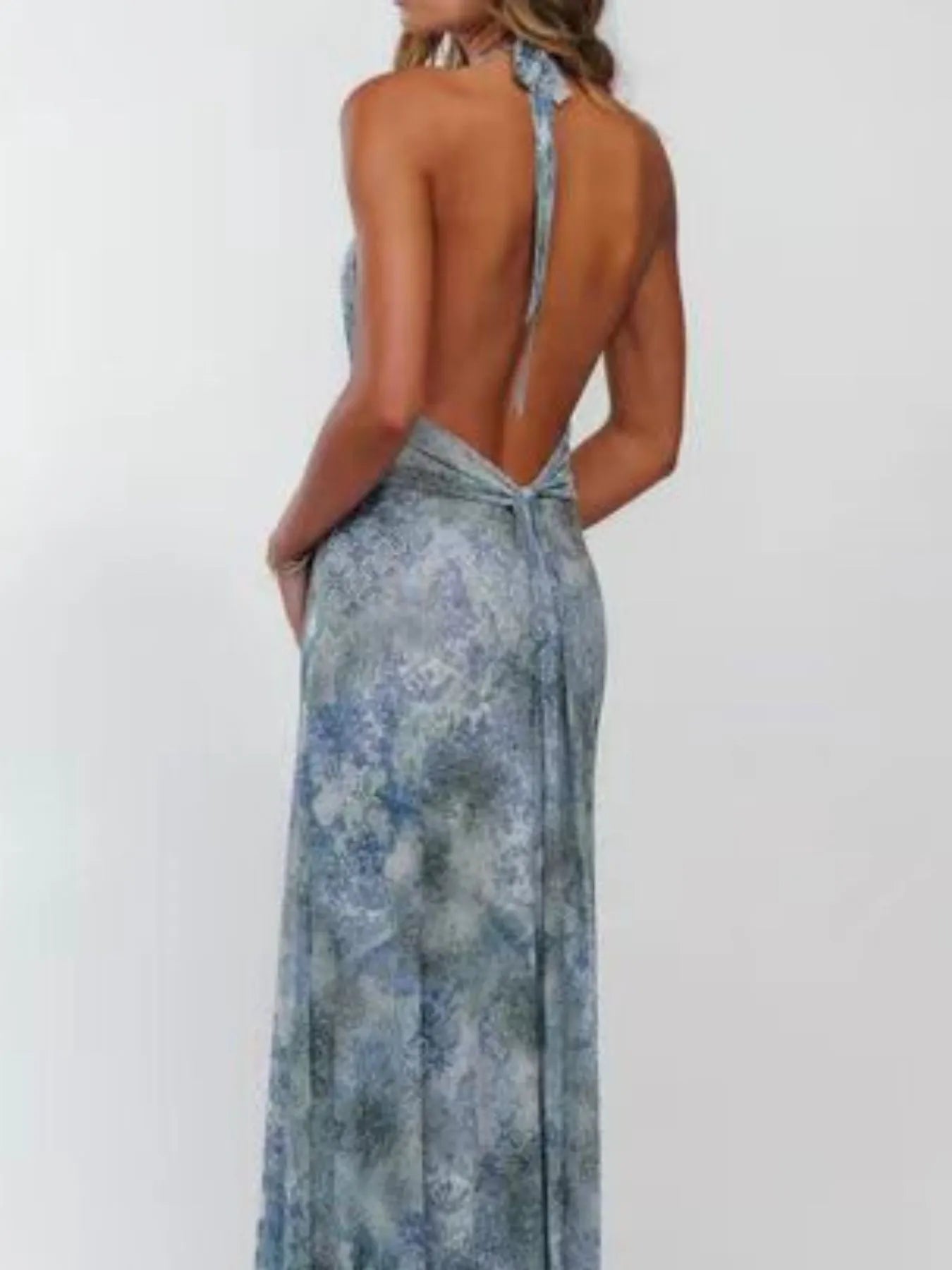Floral Halter Neck Deep V Maxi Dress - Backless & Ruched.