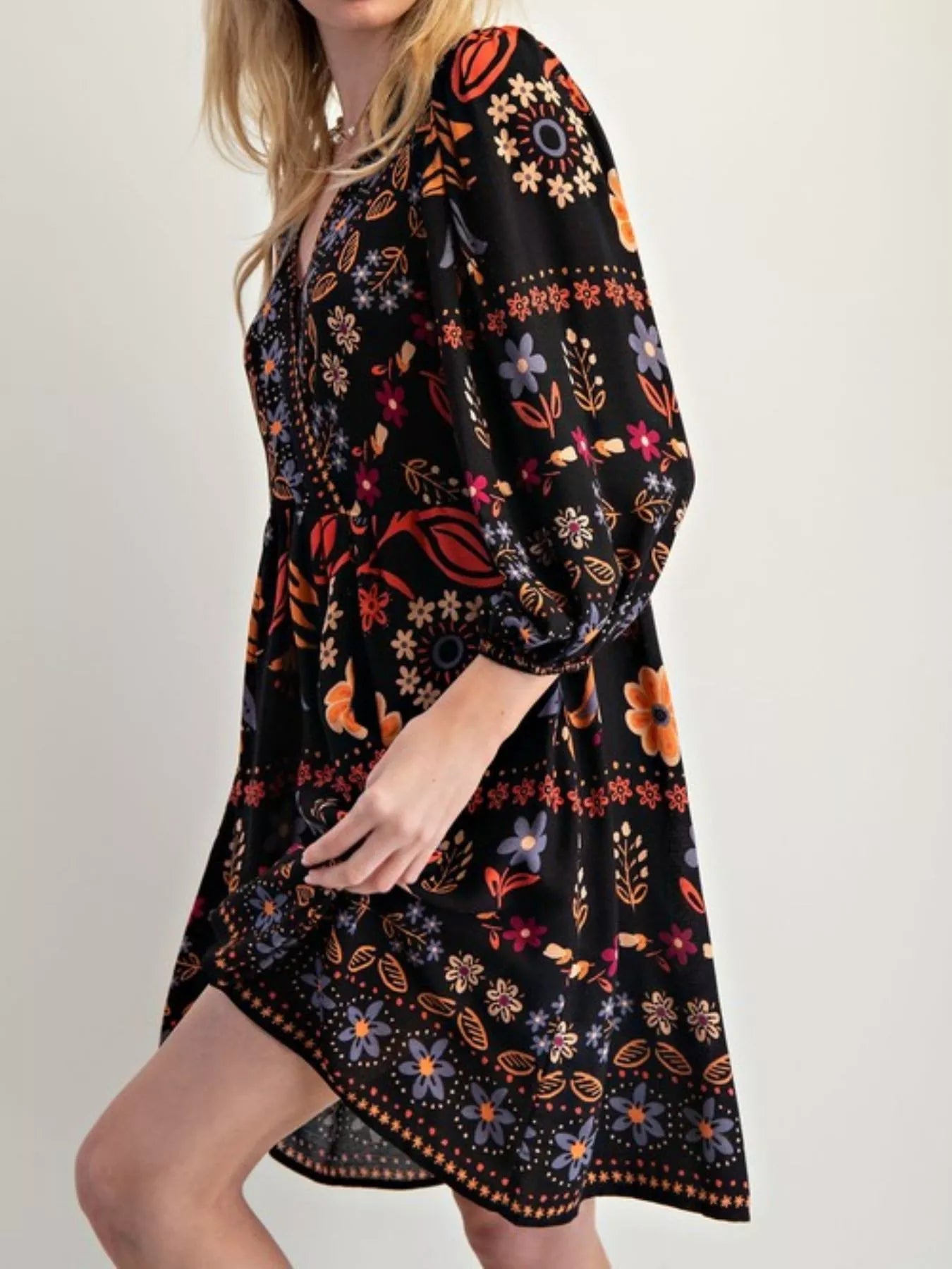 Bohemian Floral Print Long Sleeve Mini Dress with Pockets.