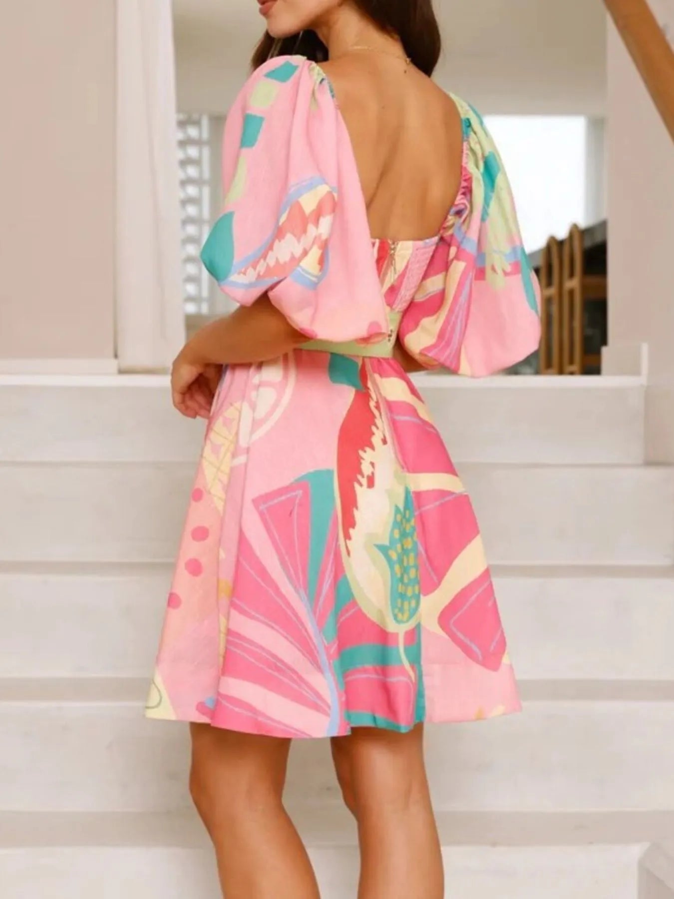 Colorful Print Belted Mini Dress with Puff Sleeves.