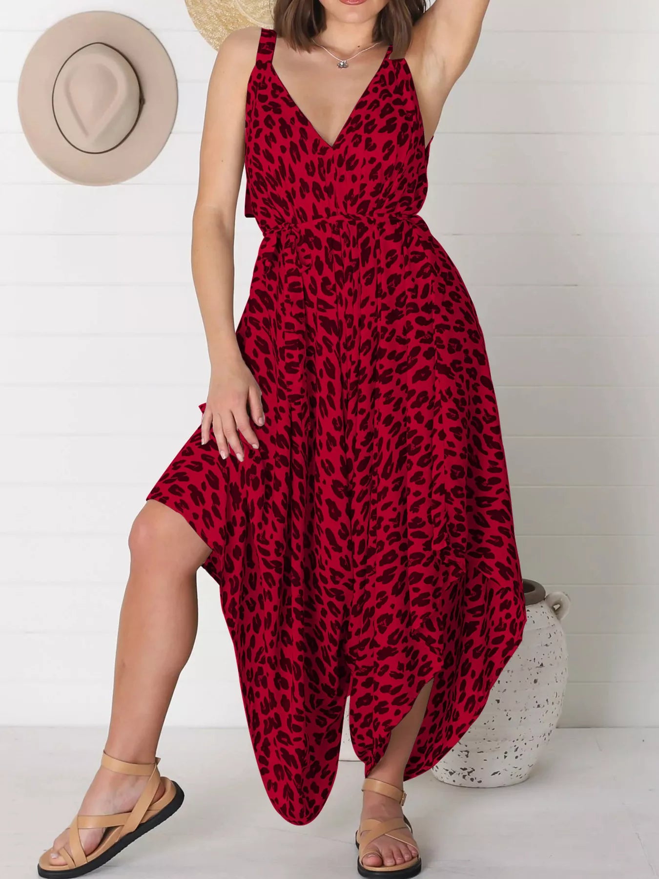Plus Size Leopard Print V-Neck Wide Leg Jumpsuit with Tie.