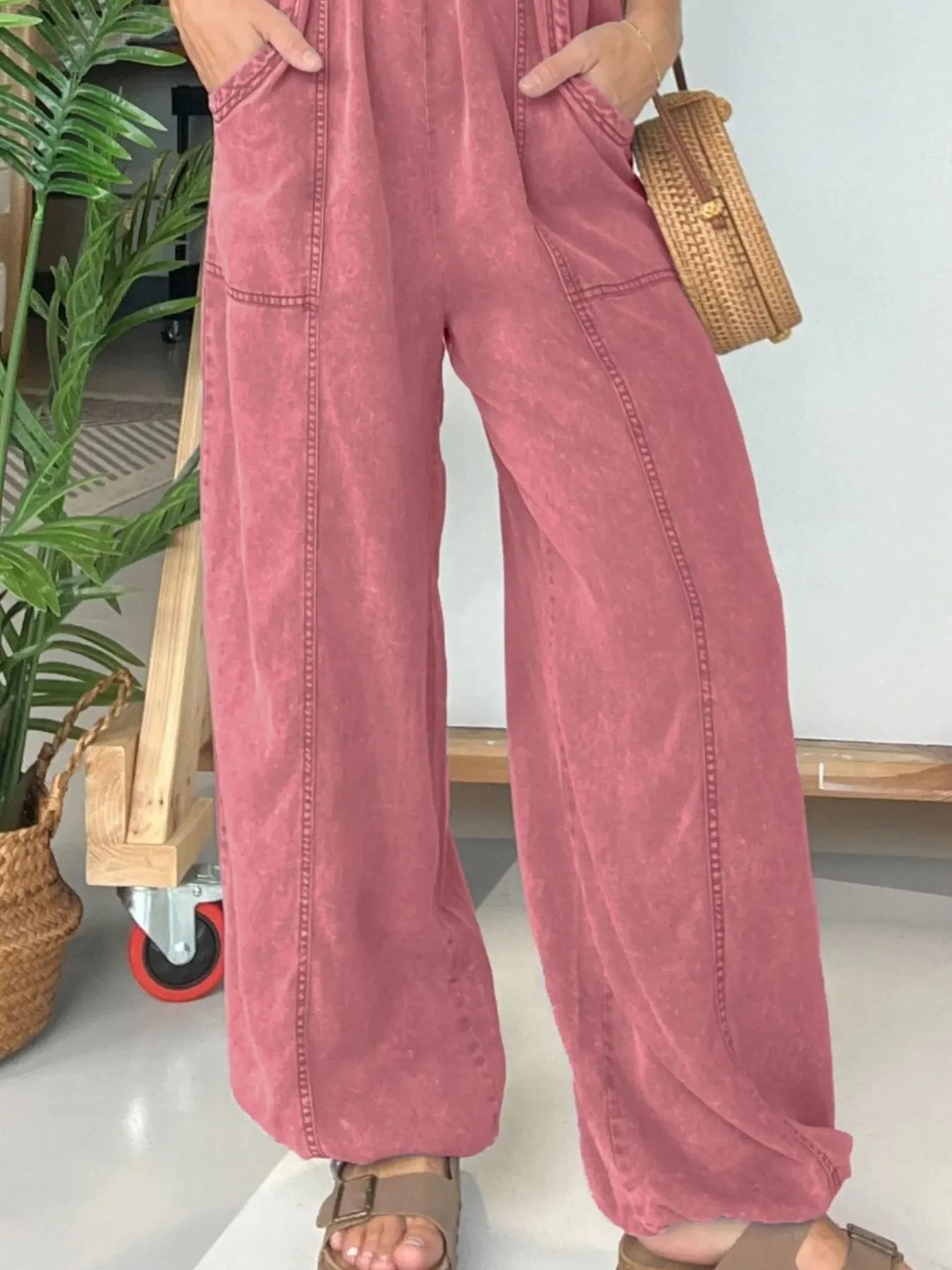 Plus Size Wide Leg Spaghetti Strap Jumpsuit with Pockets and Smocked.